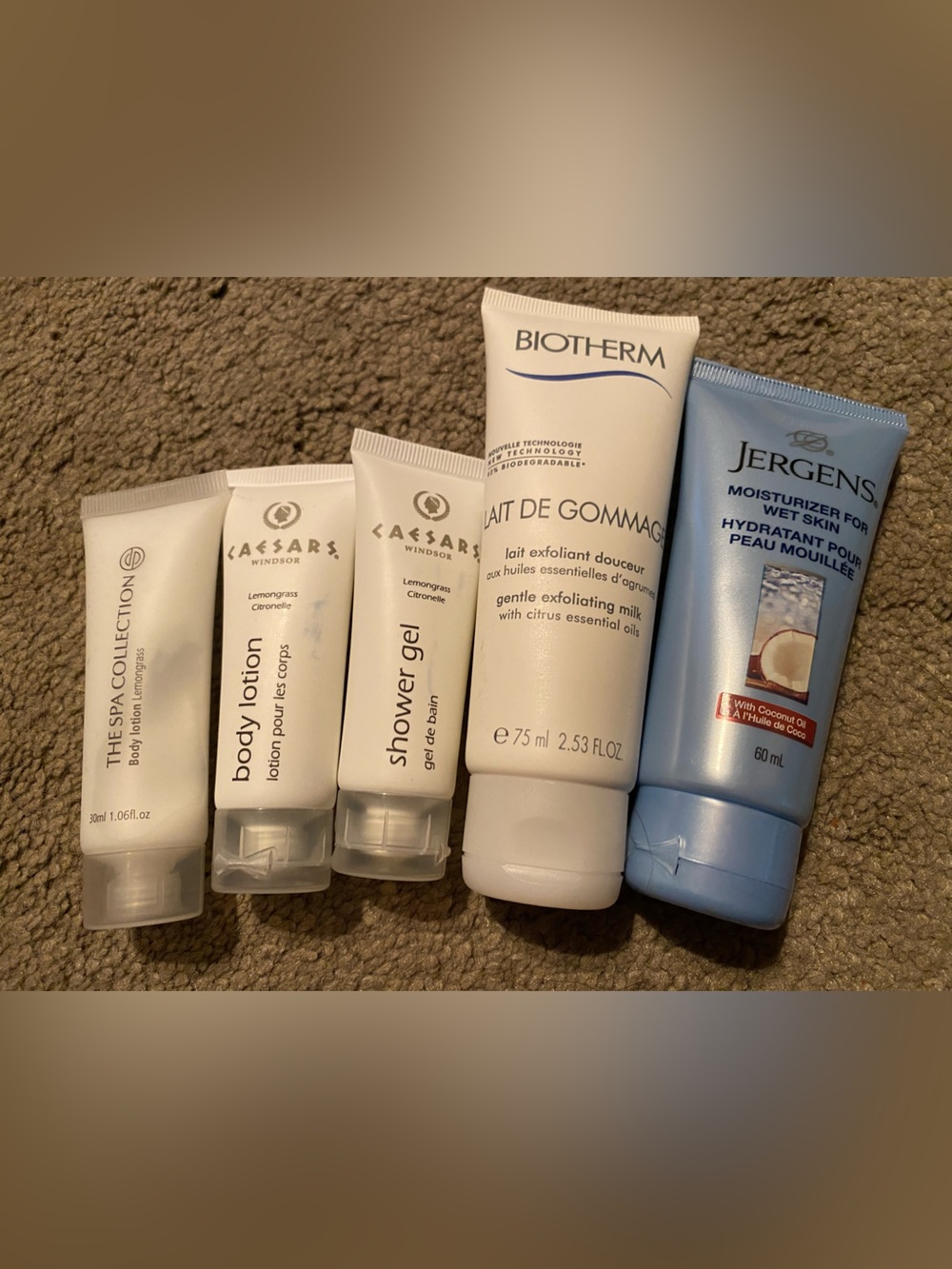Biotherm exfoliating cleanser, Jergens moisturizer, body lotions and shower gel